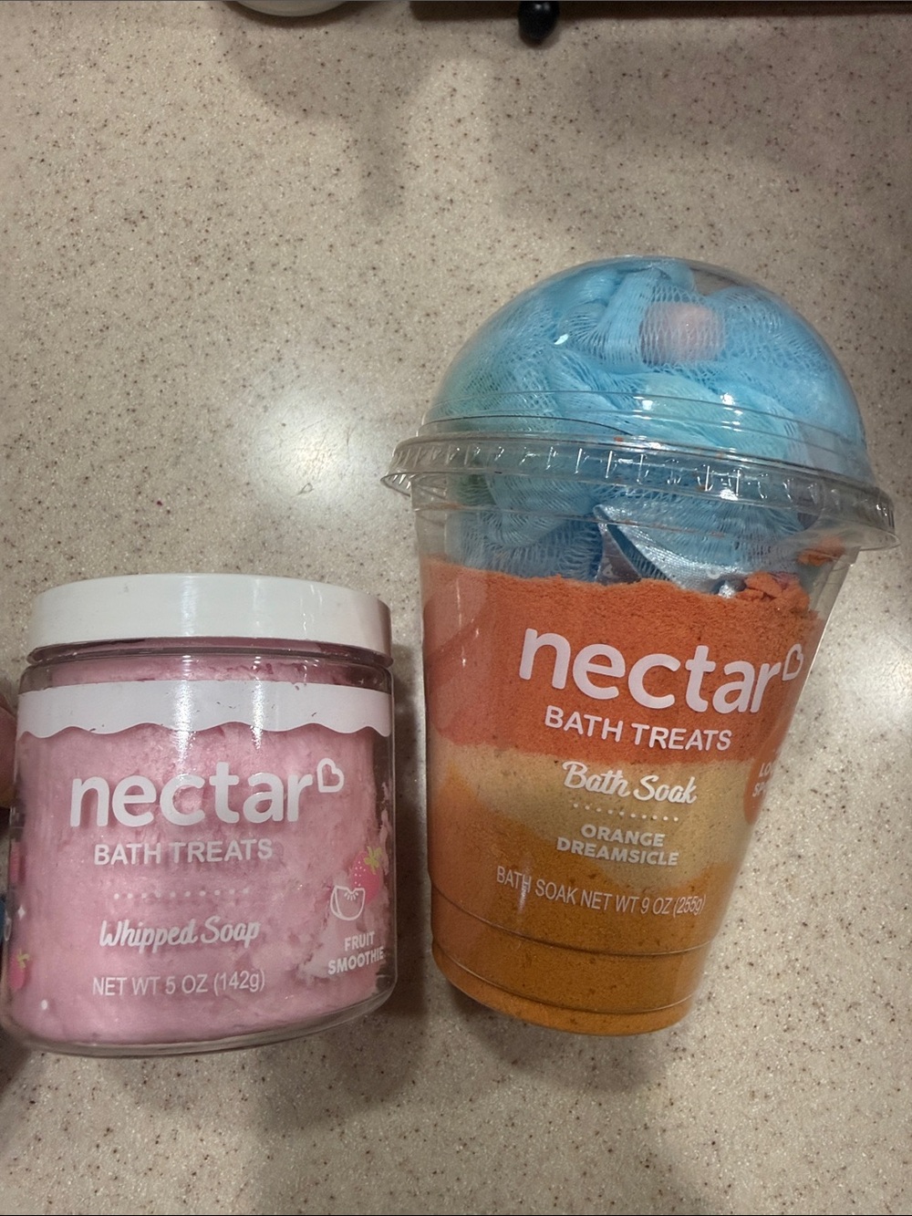 Nectar fruit smoothie whipped soap and orange creamsicle bath soak w/loofah spg.